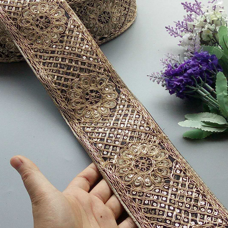 2 Yards Ethnic Silver Gold Thread Sequins African Lace Trims Geometric Lace Ribbon DIY Sewing Dress Decoration Bridal Lace alx