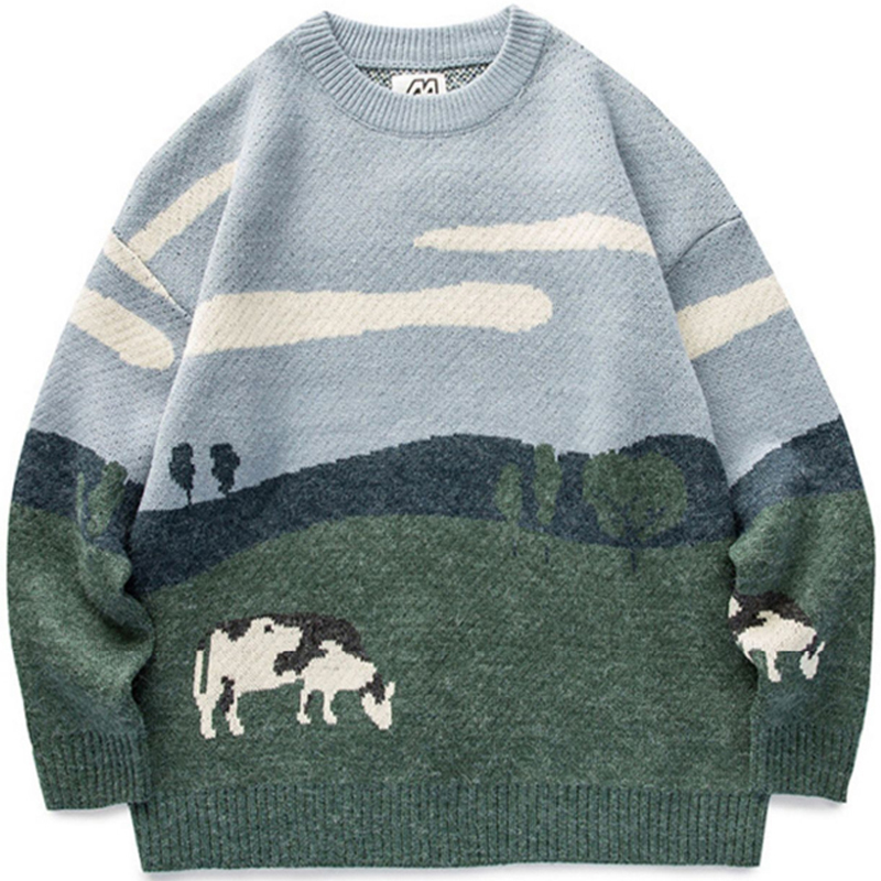 2022 Men Cows Vintage Winter Warm Daily Knitwear Pullover Male Korean Fashions O-Neck Sweater Women Casual Harajuku Clothes alx