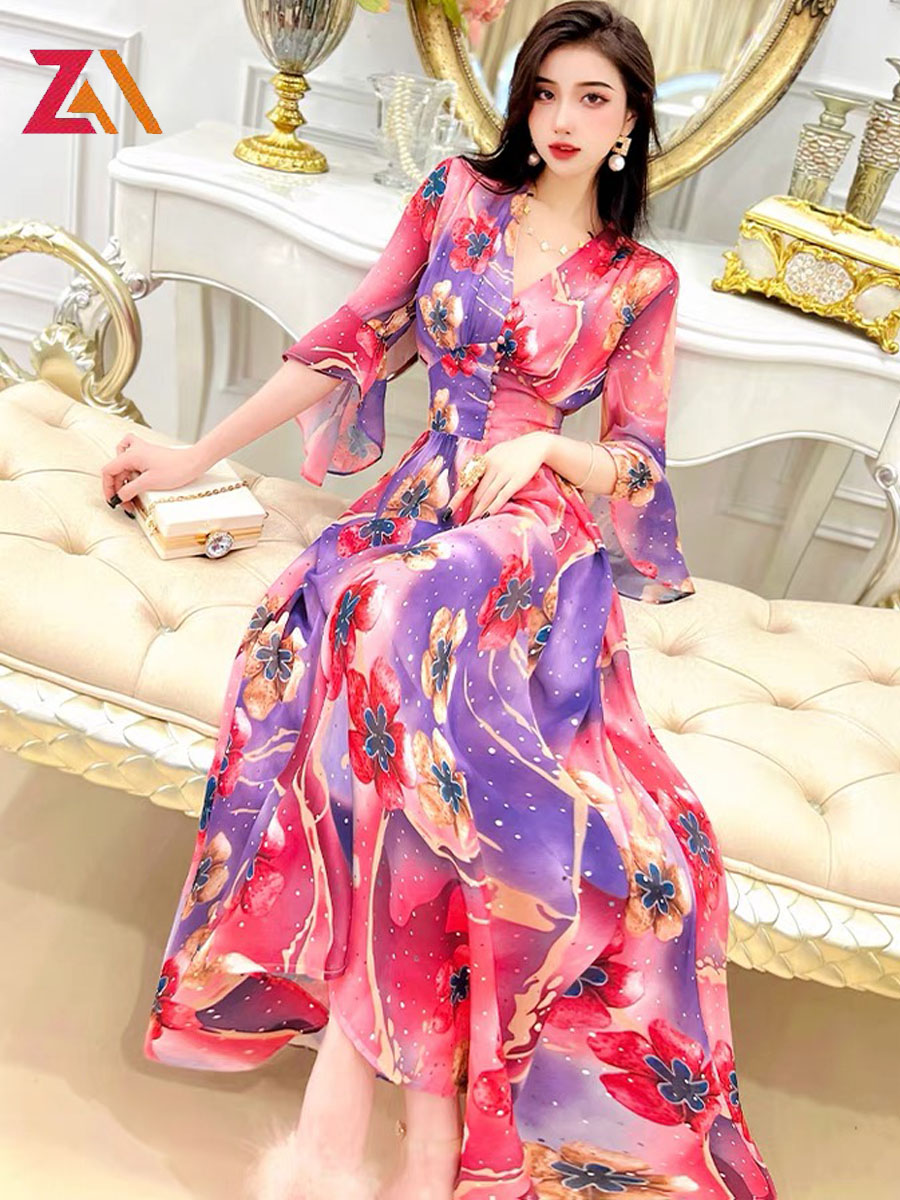 ZALady summer flare sleeve elegant v-neck maxi dresses for women clothes beach chic elegant printed floral party female vestidos alx