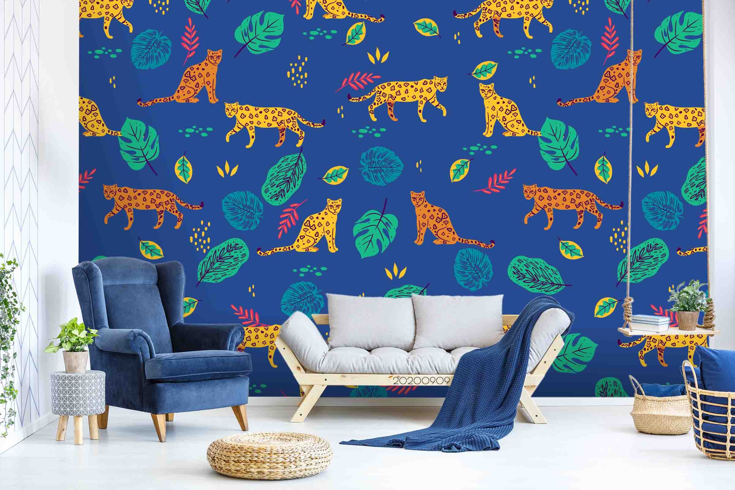 3D Cartoon Leopard Pattern Animal Green Plant Blue Wall Mural Wallpaper Lxl