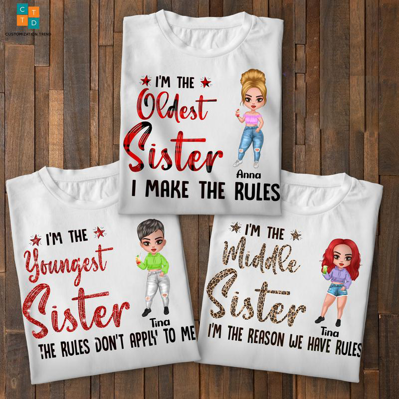 Personalized Chibi Girls I’M The Middle Sister The Rules Don’T Apply To Me Shirt, Custom Sisters, Friends, Besties Shirt