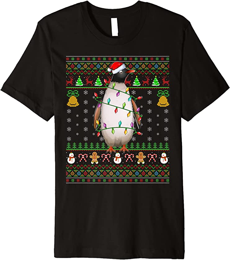 Penguin Bird Lover Lighting Santa Hat Penguin Ugly Christmas Premium T-Shirt