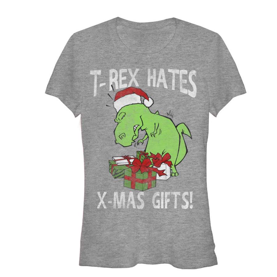 Lost Gods Junior’s Christmas T-Rex Hates Gifts  T Shirt Athletic Heather