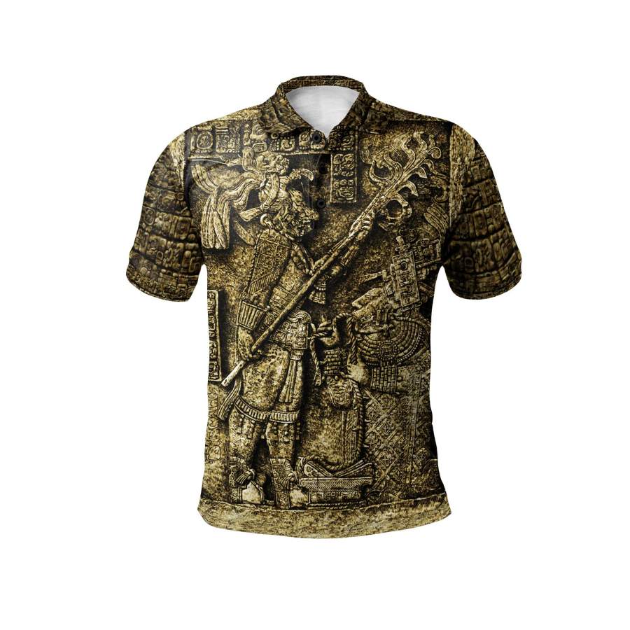 Aztec Warrior Polo Shirt – Huitzilopochtli God Of War Mayan Polo Shirt Mexican Gold Style