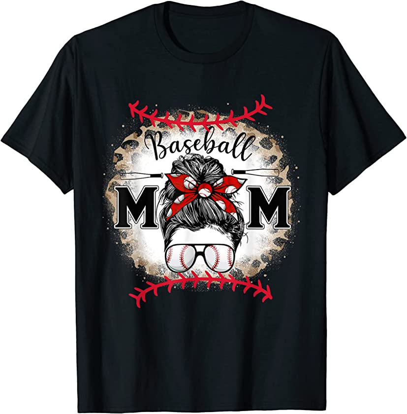 Baseball Mom For Womens Mothers Day Gifts Leopard Messy Bun T-Shirt