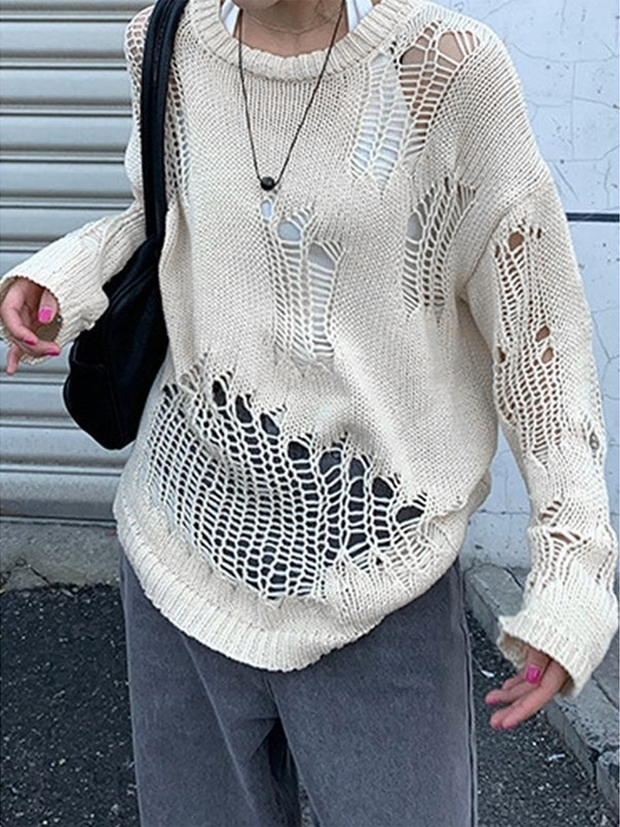 Casual Women’s Hollow out Sweater Round Neck Long Sleeve Solid Color Irregular Crochet Knitted Pullover Tops for Spring Autumn alx