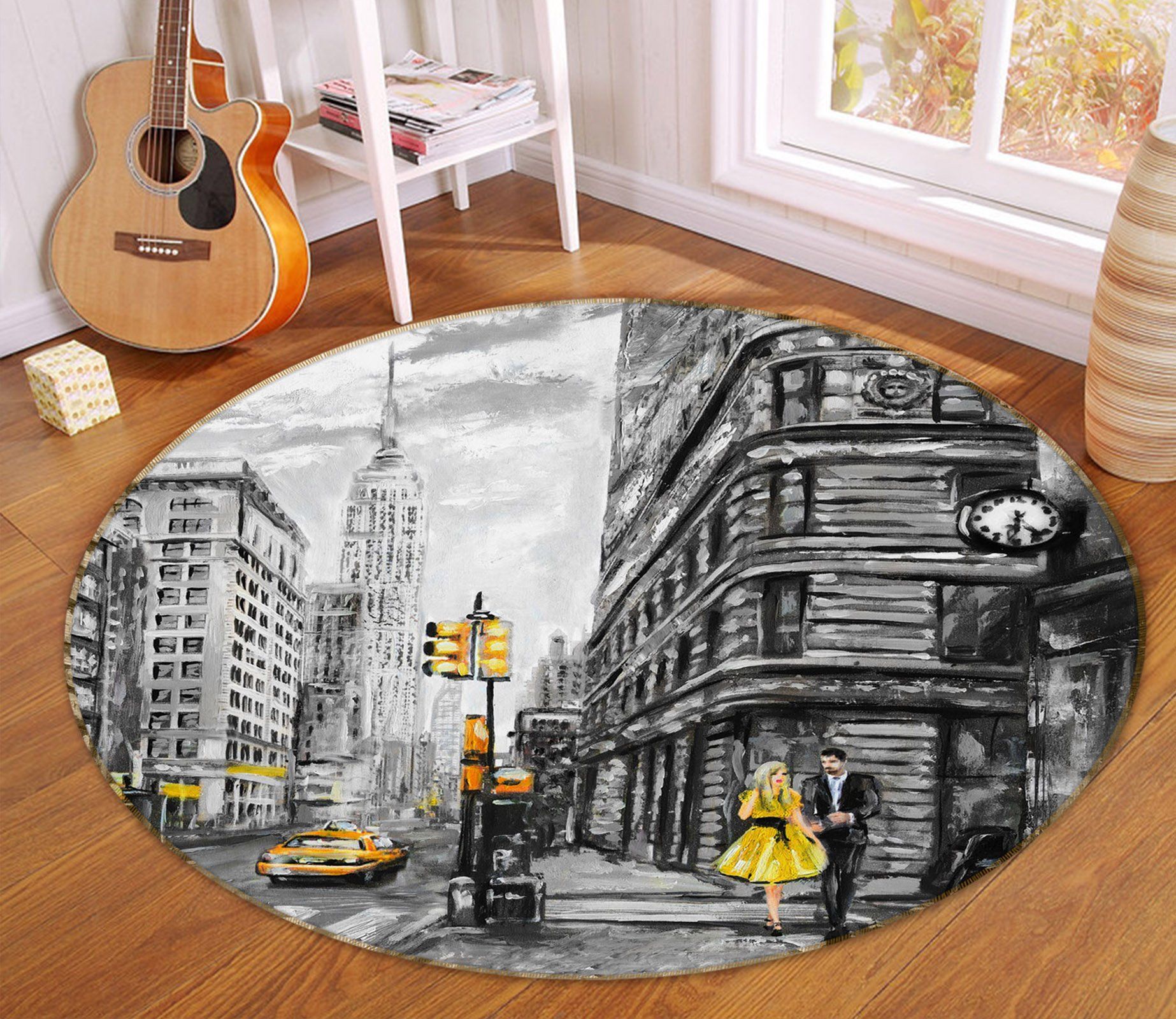 Yellow Taxi On Street Round Rug – Round Carpet Home Decor