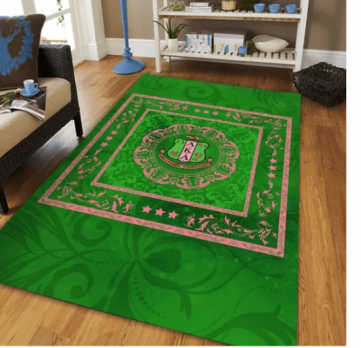 Alpha Kappa Alpha 1908 Emblem Pink Flower Pattern Green Background Rug