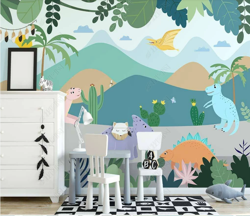 3D Cartoon Mountain Forest Animal Dinosaur Wall Mural Wallpaper Lqh 56