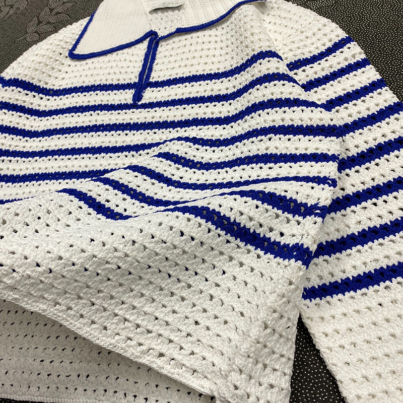 Summer/Autumn Sailor Striped Crochet Women Sweater Hollow Out Clashing Color Polo Elegant Fashion High Quality Casual Tops alx