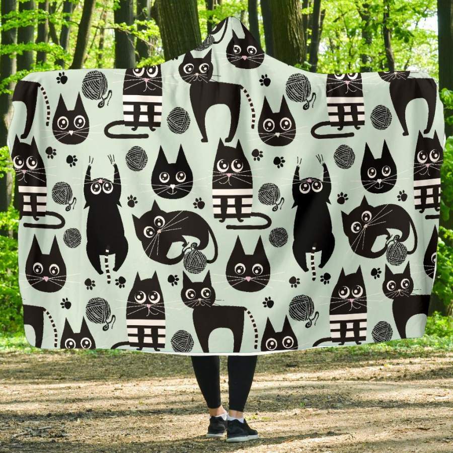 Black Kitten Cat Pattern Print Hooded Blanket