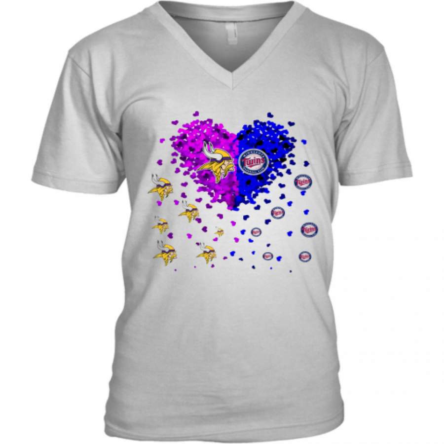 Minnesota Vikings Love Minnesota Twins Heart Special Version V-Neck T-Shirt