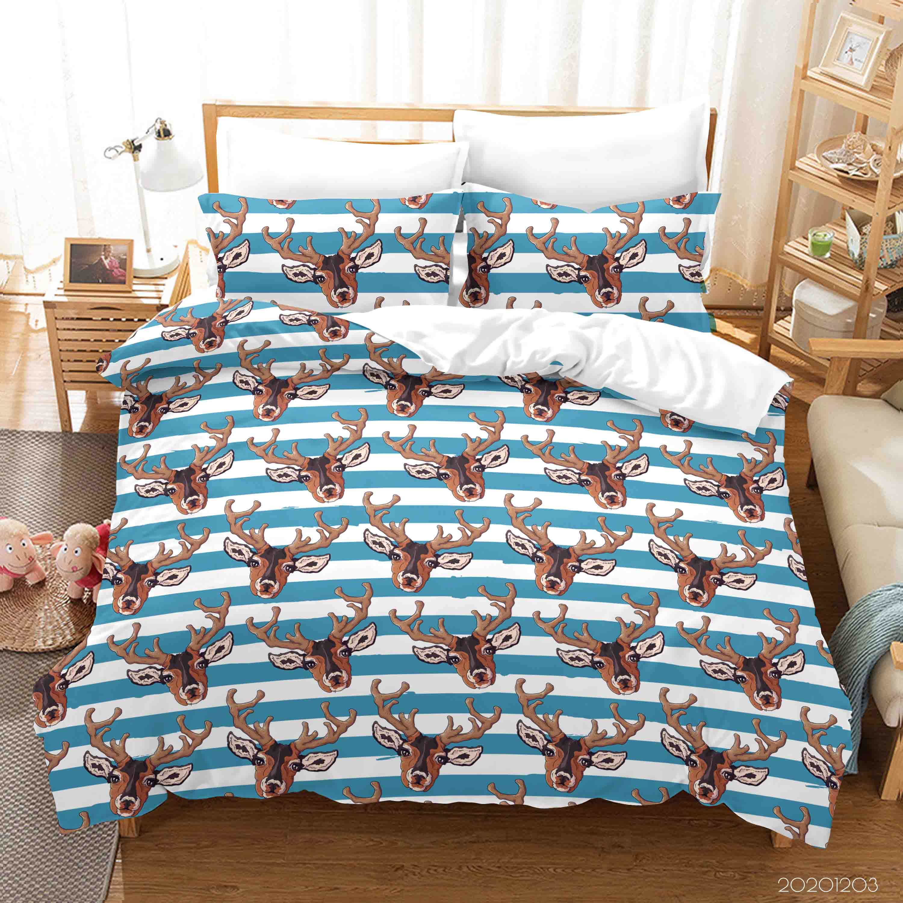 3D Cartoon Hand Drawn Buck Animal Blue Stripe Pattern Quilt Cover Set Bedding Set Duvet Cover Pillowcases Lxl