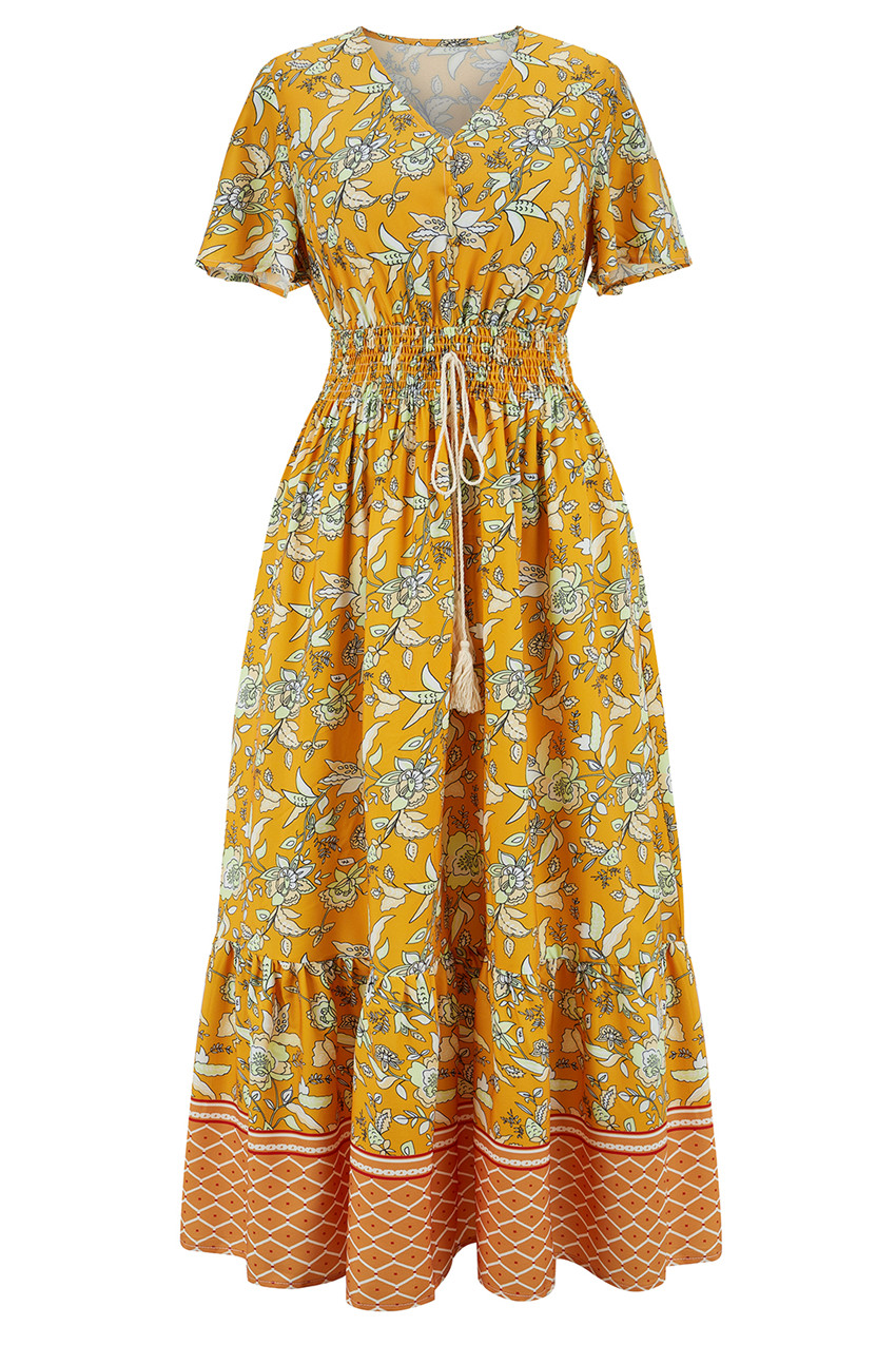 Summer Dresses Plus Size Casual Elastic Waist Boho Women Beach Floral Print Vintage Midi Dress alx
