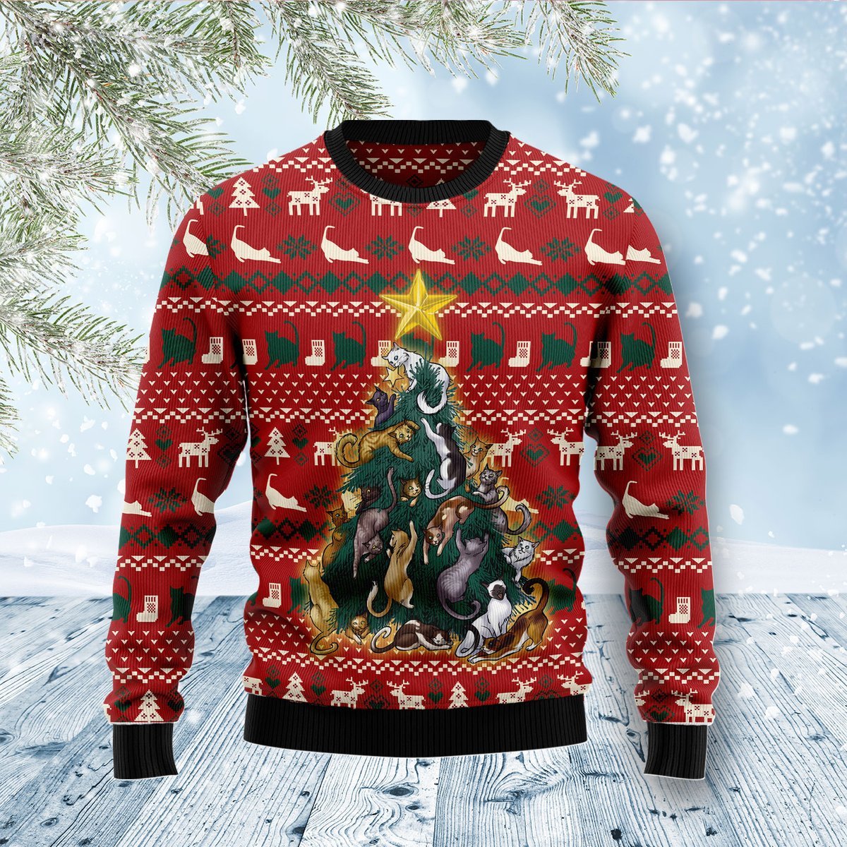 Cat Naughty Pine Ugly Christmas Sweater | For Men & Women | Adult | Us5012