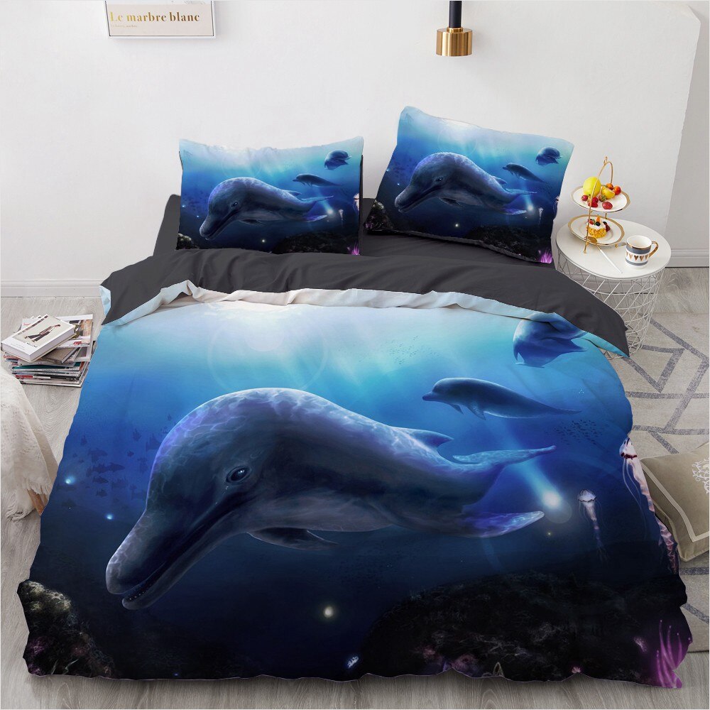 3D Bedding Sets Sea Dolphin Duvet Quilt Cover Set Blue Comforter Bed Pillowcase King Queen Full Size Cute Home Texitle Duvet Covers