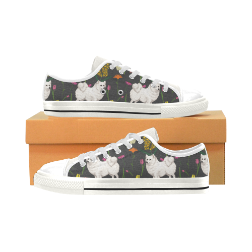 American Eskimo Dog Flower White Low Top Canvas Shoes for Kid (Model 018)