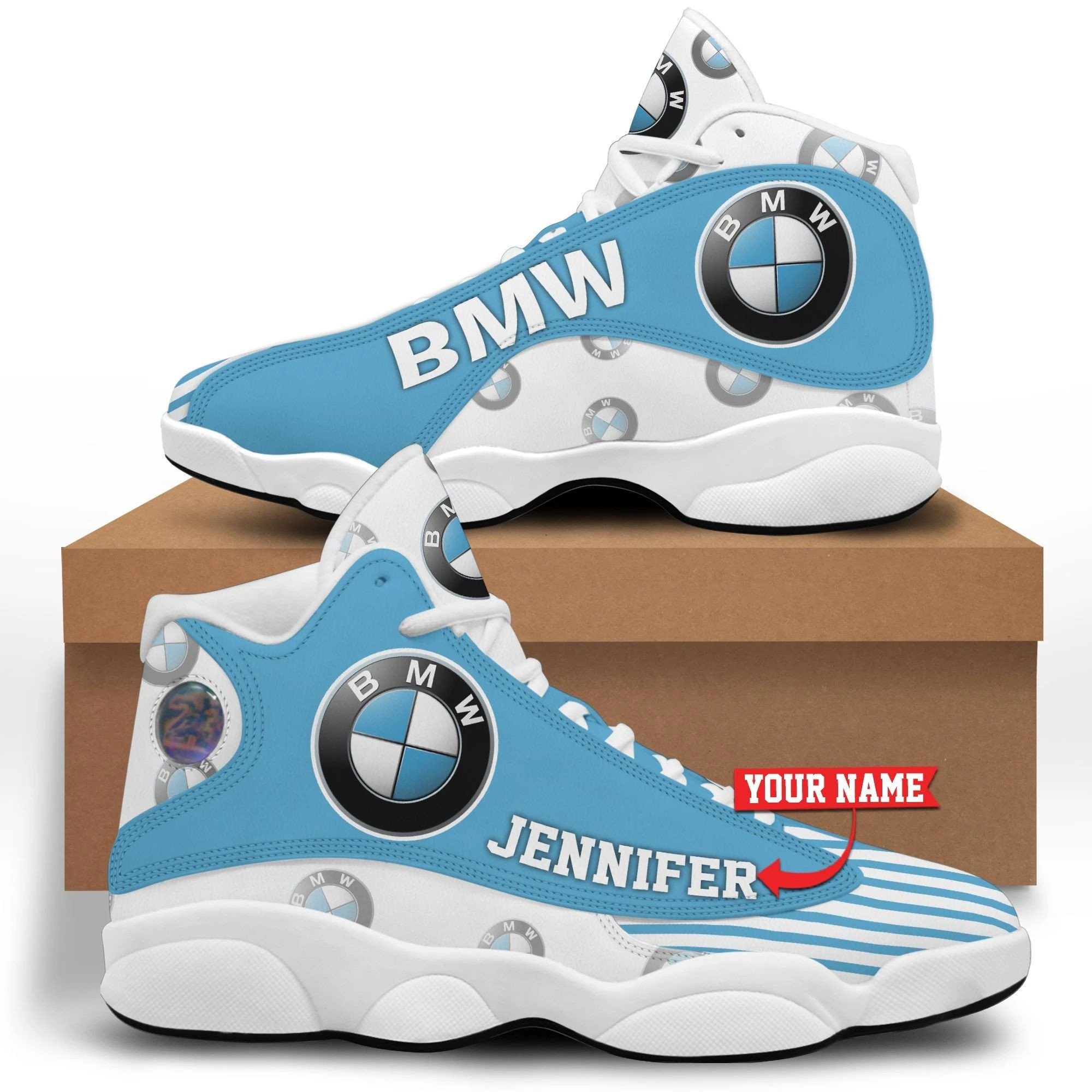 Personalized Bmw Logo Light Blue White Air Jordan 13 Printing Shoes Sneaker