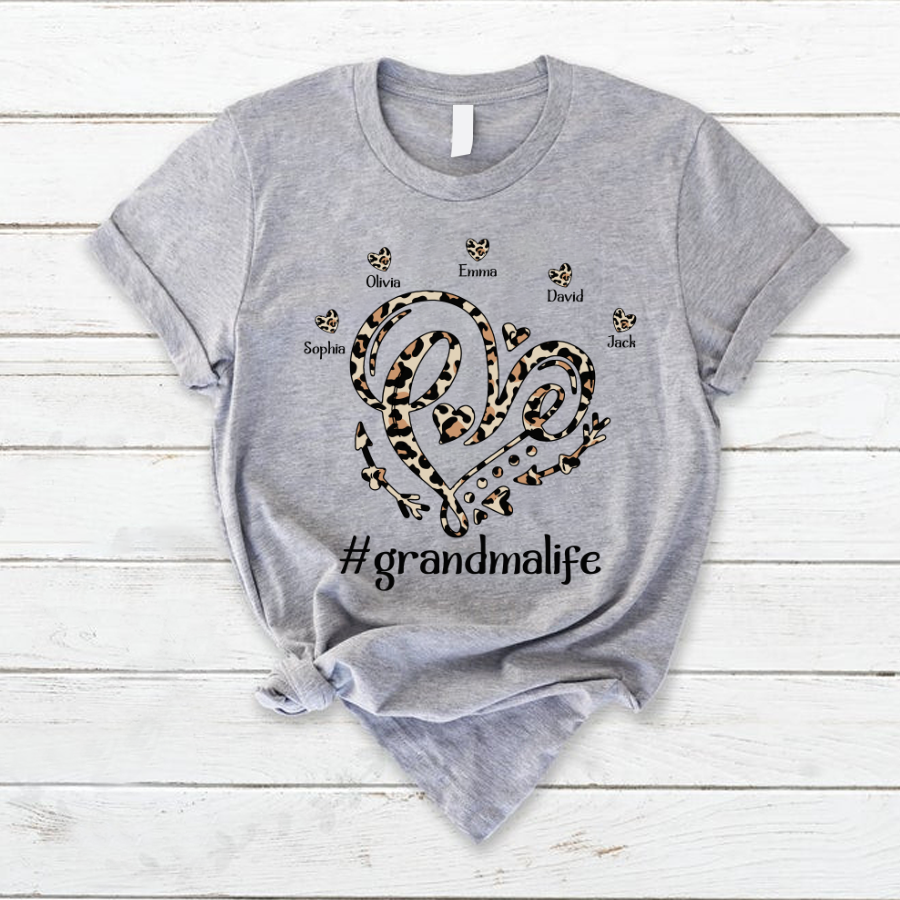 Leopard Heart Custom Names Grandma Life T-Shirt