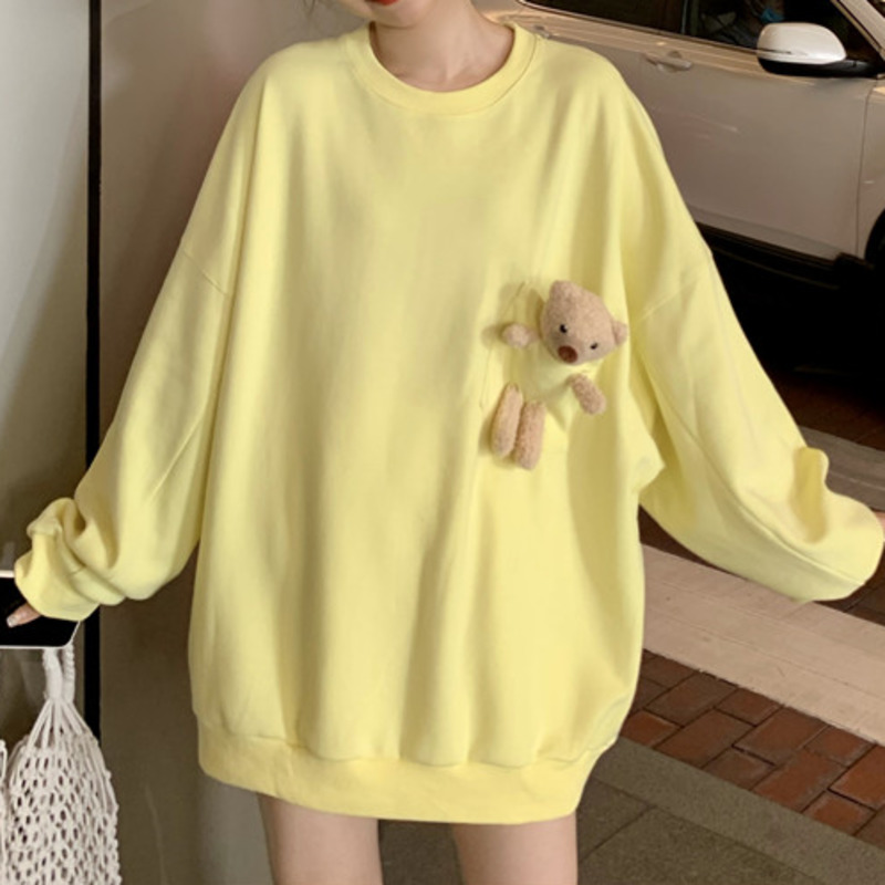 2022 Spring New Women Harajuku Kawaii Hoodie Soft Pullover Sweatshirt With Pocket Plush Bear Solid Outwear Oversize Casual Hoody alx