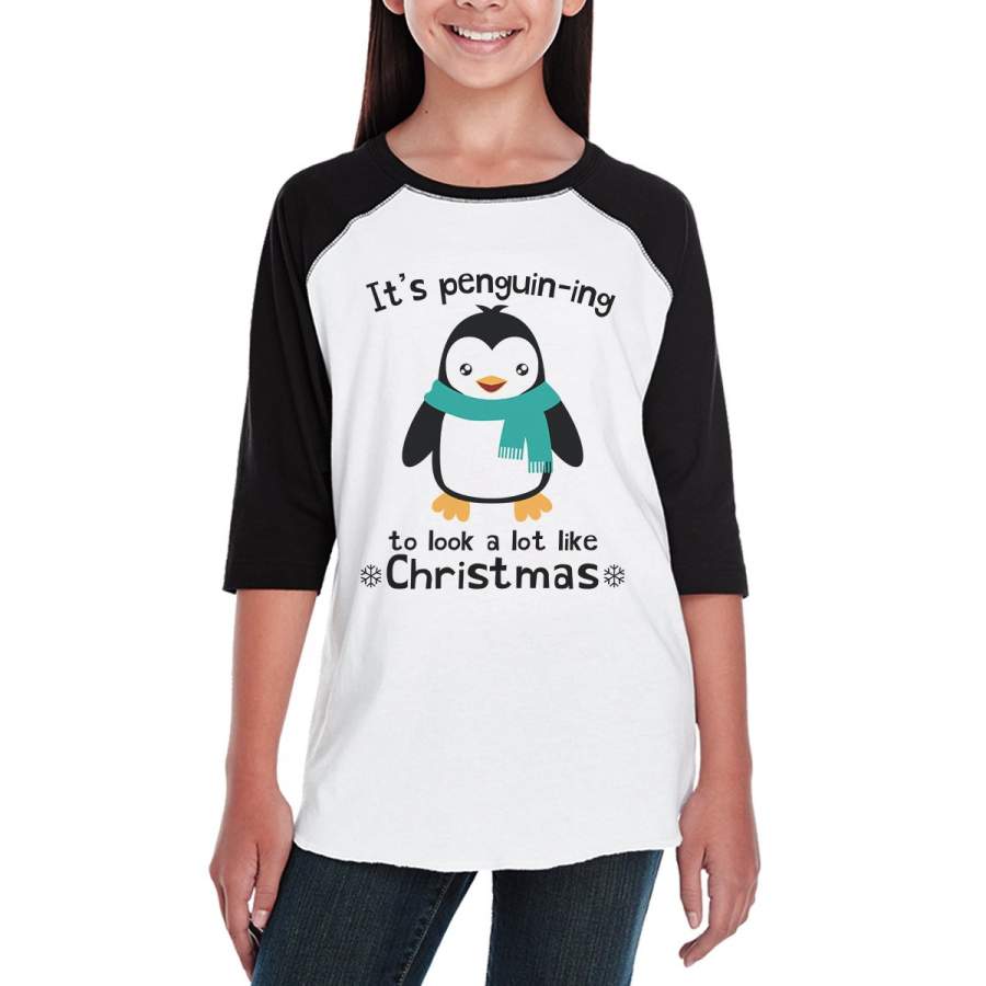 It’s Penguin-Ing To Look A Lot Like Christmas Kids Black And White Baseball Shirt