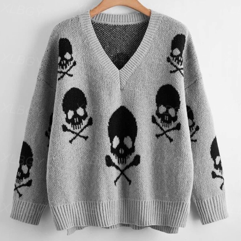 Y2K retro gothic skull sweater winter V-neck loose sweater retro gothic aesthetic design niche style casual loose sweater alx