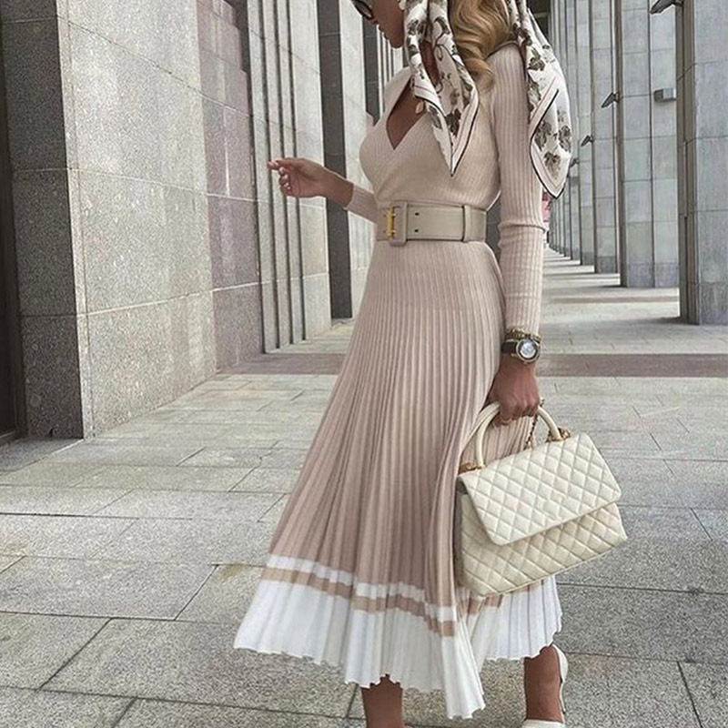 Women Knitted Pleated Dress Long Sleeves V-Neck Solid Lady Sweater Party Dresses Autumn Winter Fashion Female A-Line Maxi Dress alx