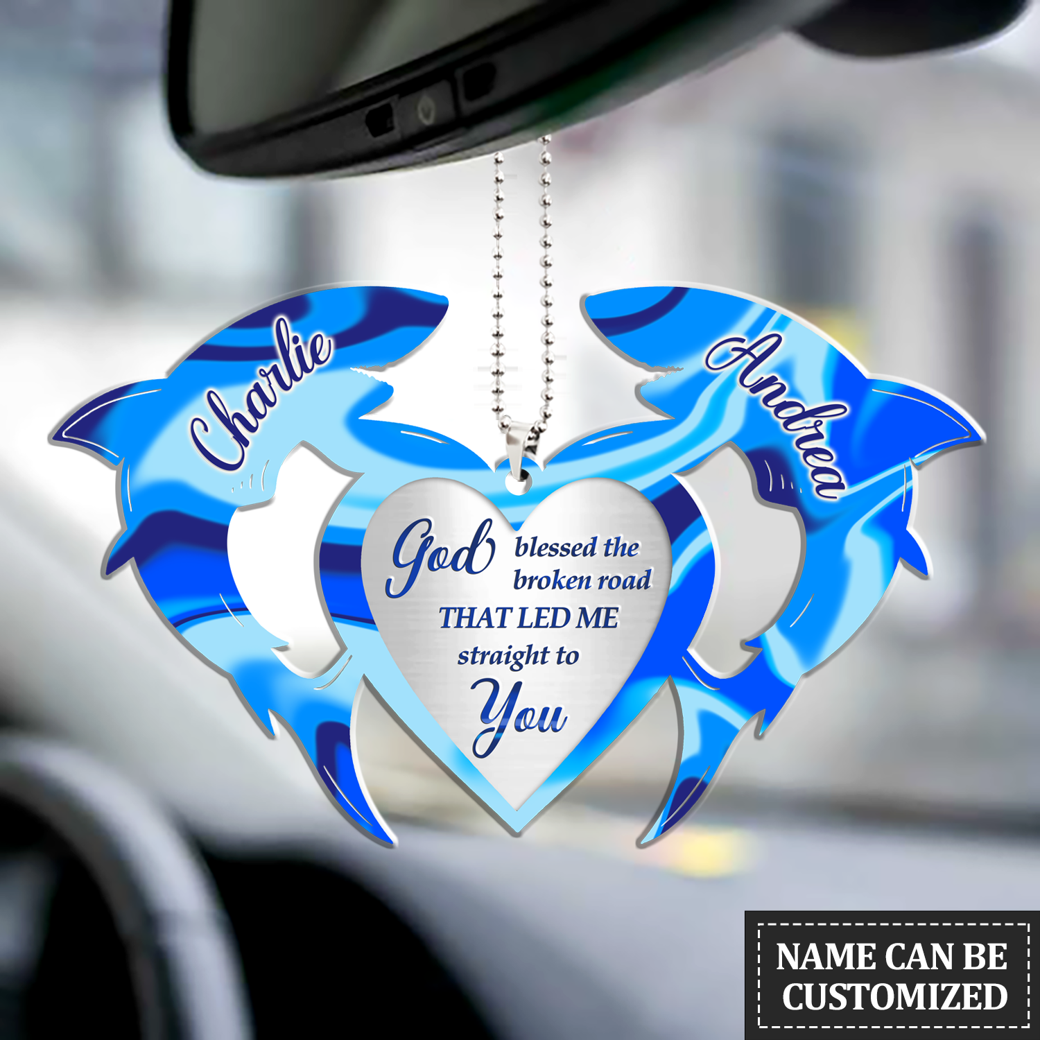 Couple Shark With Heart God Blessed Personalized Ornament, Premium 2-Sided Mica Car Hanging Ornament , Best Mother’S Day Gift Ideas, Personalized Mother’S Day Gift