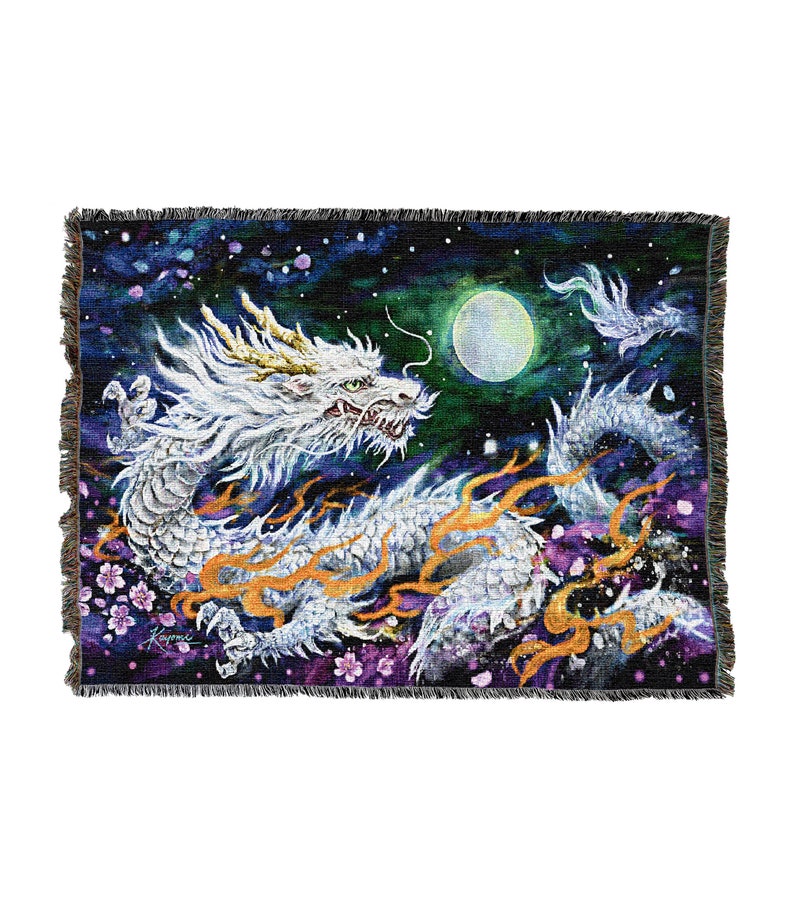 White Dragon And The Moon Vintage Retro Style Couch Sofa Blanket,  Woven Throw Blanket Home Decor