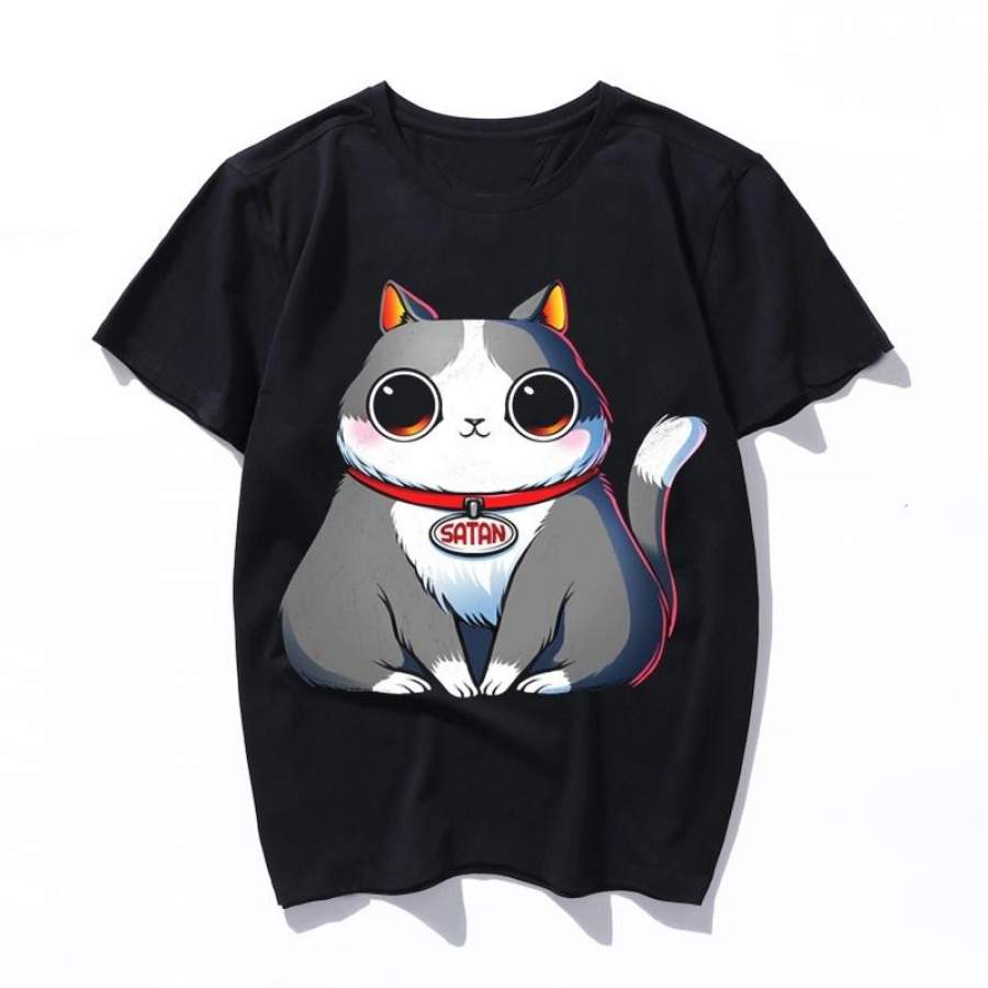 satan cat Aesthetic T Shirts Women men Ullzang Vintage T-shirt Fashion Funny Cartoon Tshirt Korean Style Top Tees Female