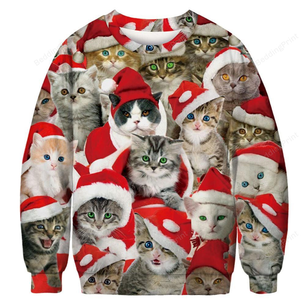 Adorable Cats With Red Hat For Cat Lovers Ugly Christmas Sweater, All Over Print Sweatshirt