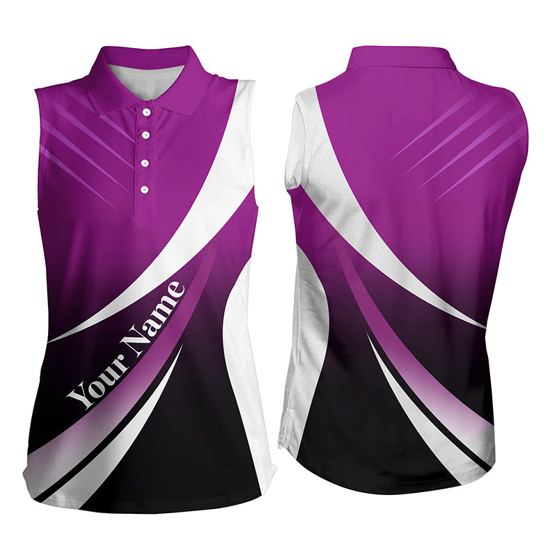 Women Sleeveless Polo Shirt Custom Name Light Purple White Golf Shirt, Sleeveless Golf Tops For Ladies