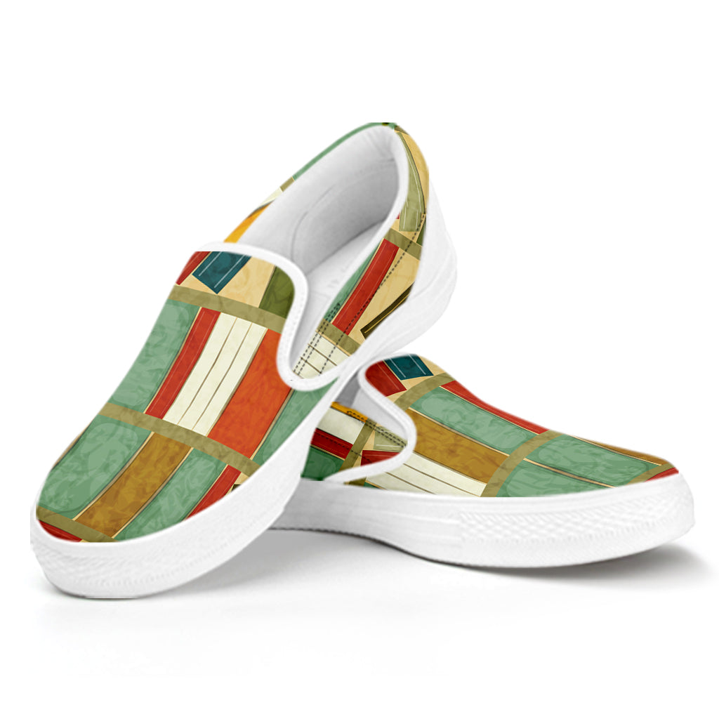 Watercolor Bookshelf Pattern Print White Slip On Shoes