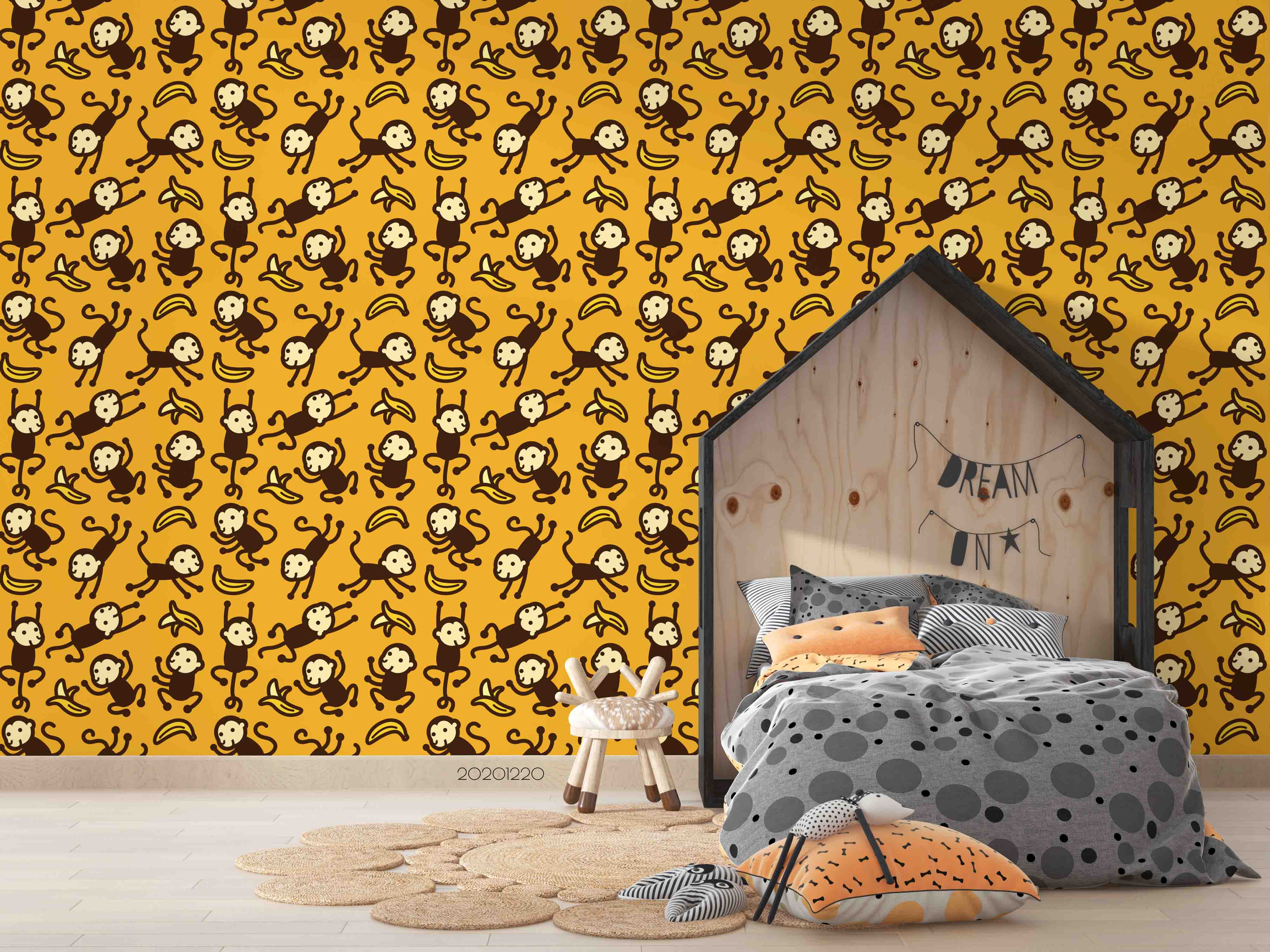 3D Hand Drawn Animal Monkey Yellow Wall Mural Wallpaper Lqh 132