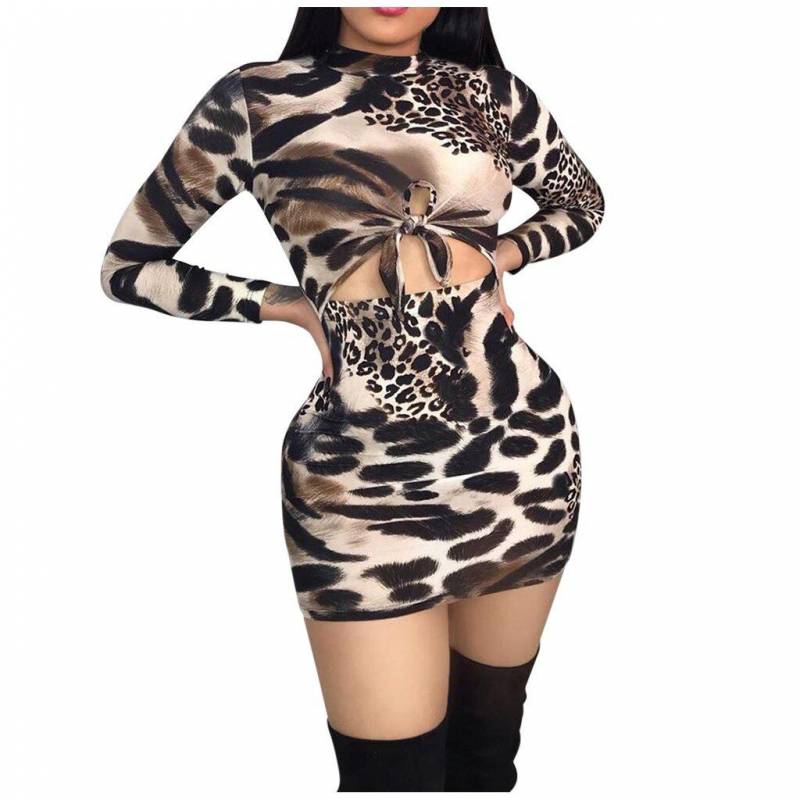 Sexy Fashion Leopard Print Leak Navel Long Sleeve Dress