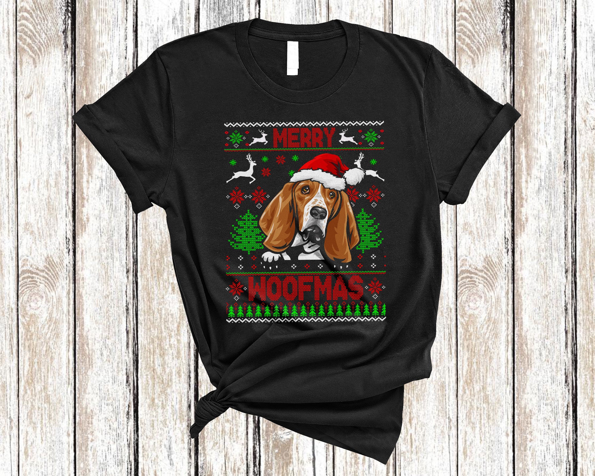 Christmas Dog Shirt Merry Woofmas Funny Ugly Christmas Santa Basset Hound Dog Sweater Gifts T-Shirt