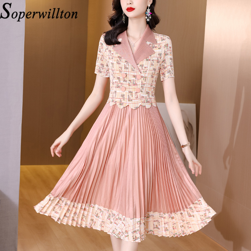 2022 Vestidos Vintage Print Elegant Sweet V-Neck Workwear Party Female Short Sleeve Thin Robe Women’s Summer Midi Lady Dresses alx