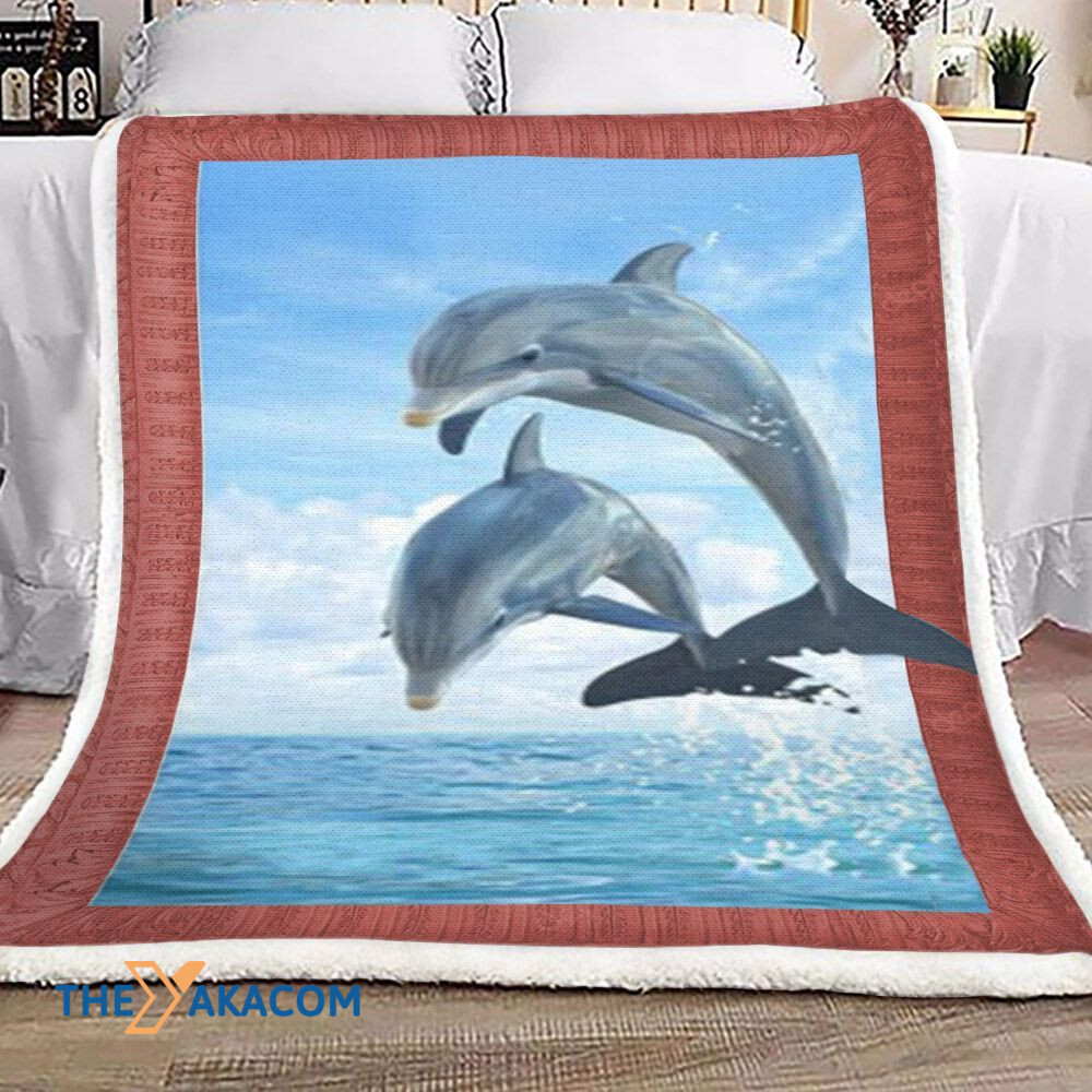 3D Huge Dolphin On The Sea Light Red Border Fleece Sherpa Throw Blanket