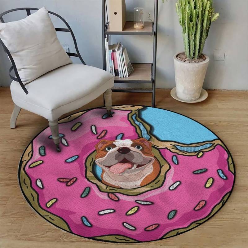 Bulldog Donut In Heart Round Rug