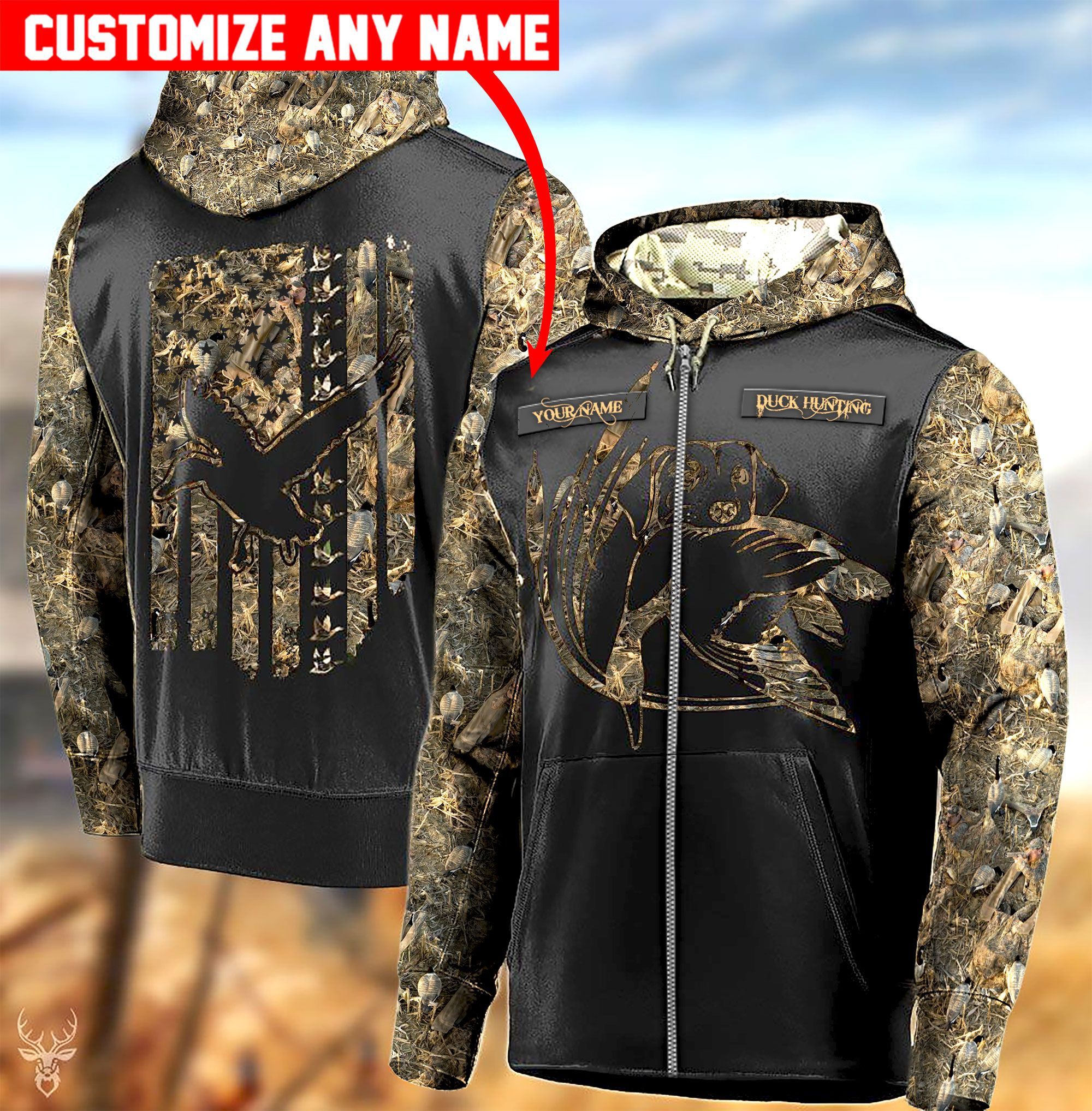 ZCB162010L93DV DUCK HUNTING FLAG CUSTOM NAME PULL OVER HOODIE QQ