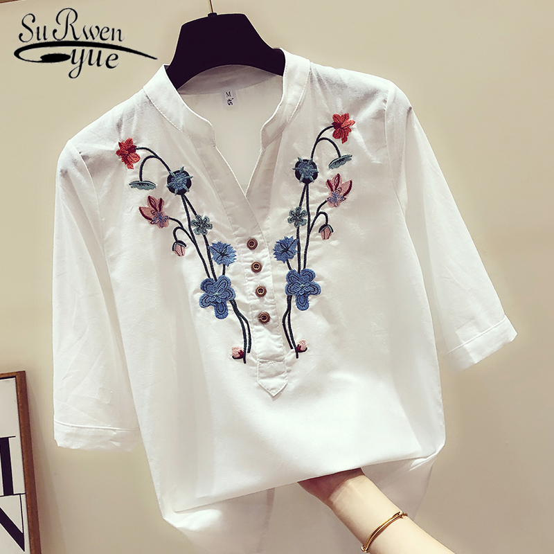 Womens Tops and Blouses Women Shirts Cotton White Blouse Plus Size Women Embroidery V-Neck Women Shirts 2022 Summer New 3140 50 alx