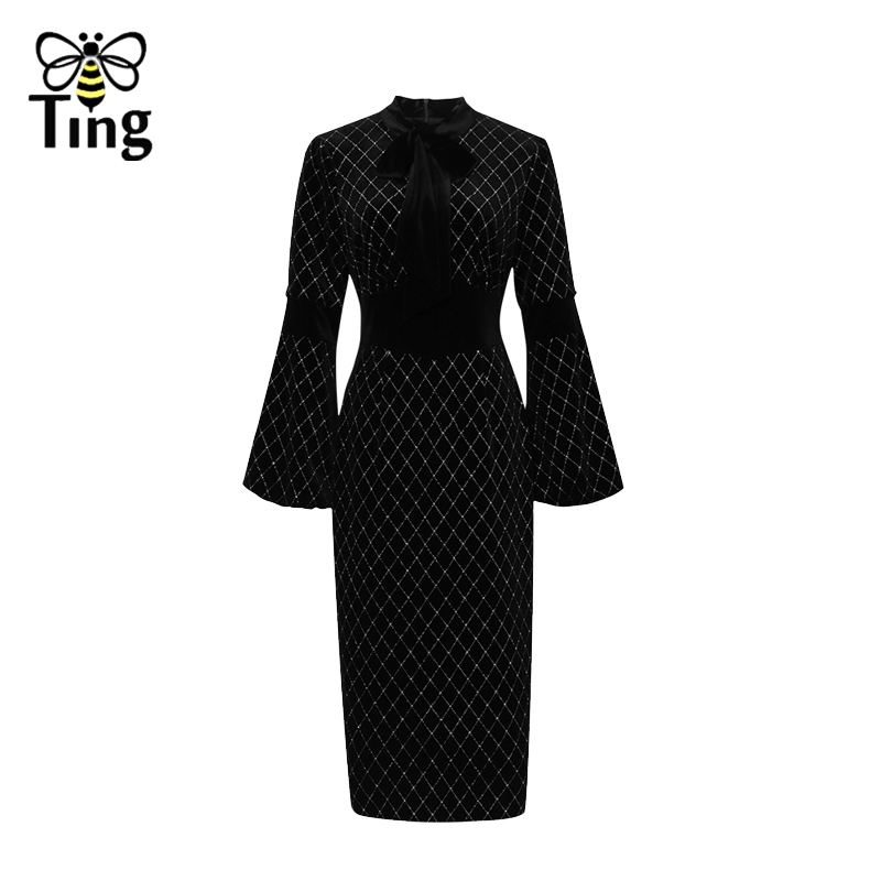 Tingfly Vintage Runway Elegant Glitter Velvet Knee Length Women Office Work Dress Bowknot Collar Casual High Waist Plus Size 2XL alx