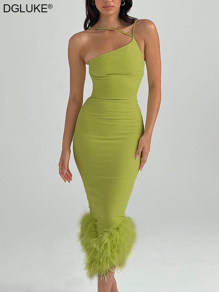 2022 Women Elegant Party Dress Sexy One Shoulder Backless Bodycon Dress Midi Chic Woman Evening Dress With Feather Green Black alx