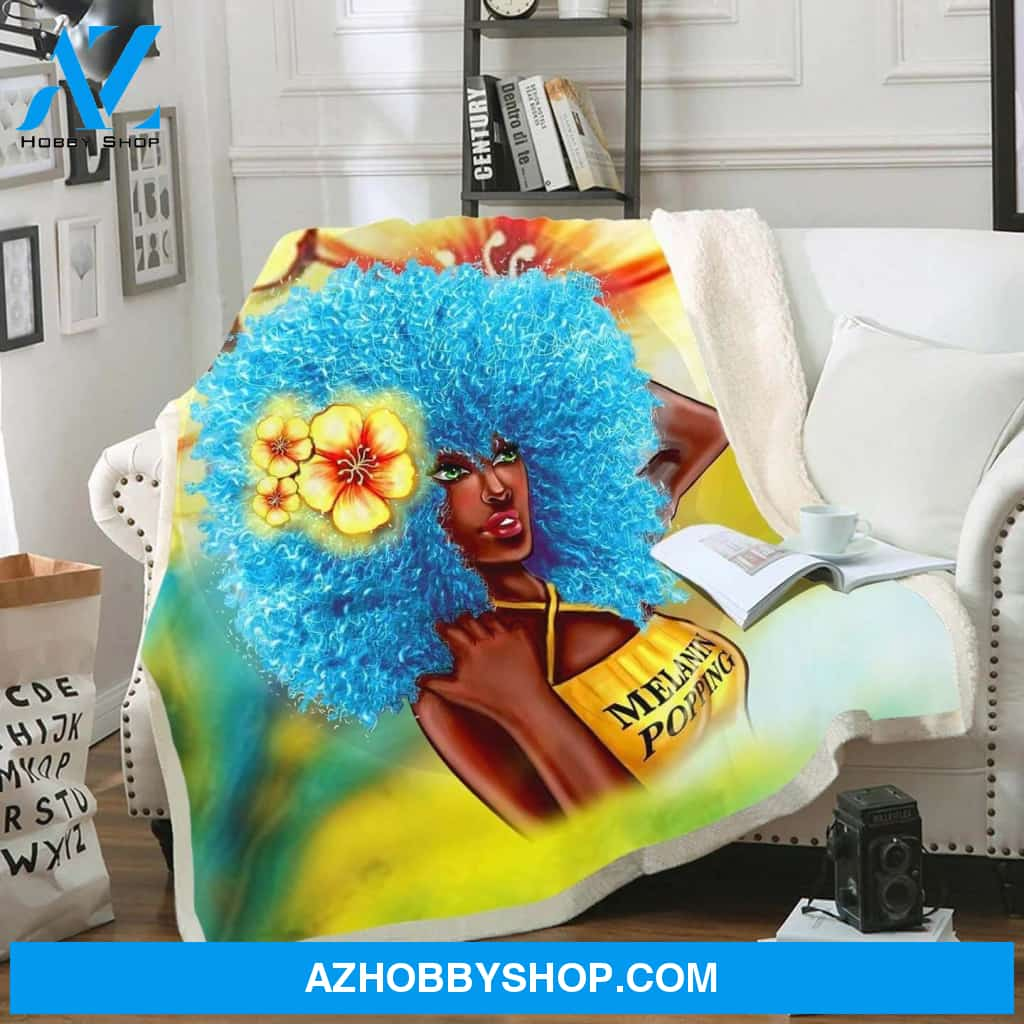 Vintage Africa Blankets Black Women Art Fleece Blanket Blue Melanin Poppin Fro Fleece Blanket