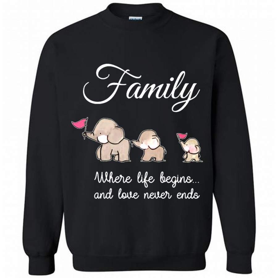 Family Where Life Begins And Love Never Ends, Elephant Lover Funny B – Gildan Crewneck Sweatshirt