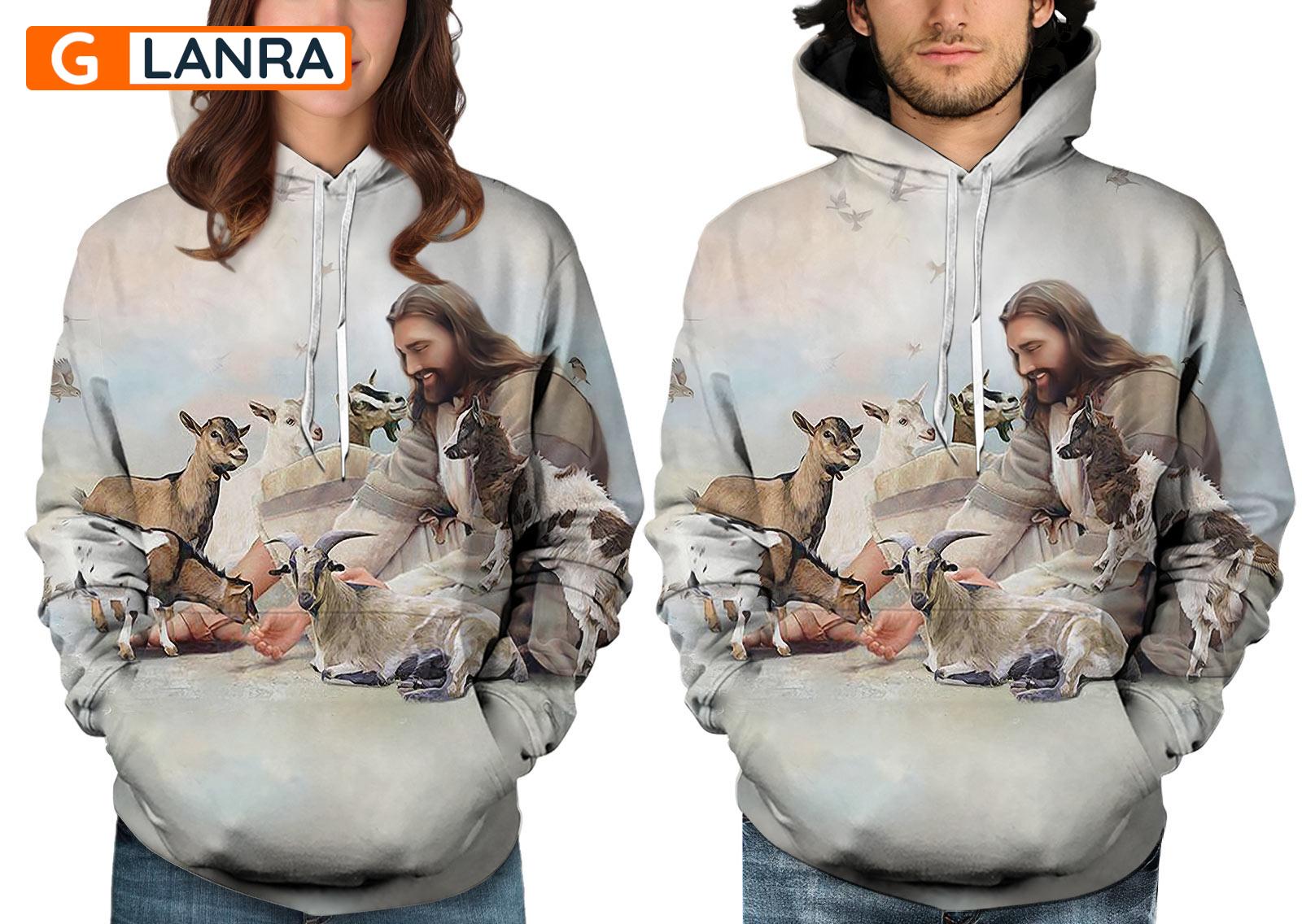 Jesus Surrounded By Goats Hoodie, Goat Hoodie, Jesus Goat Hoodie, Jesus Hoodie, Cute Goat Hoodie, Unisex Zip Hoodie, Sweater, Sweatshirt