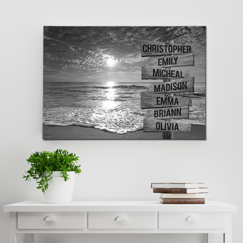 Beach Ocean Sunset Multi Names Premium Canvas Crossroads Personalized Canvas Wall Art, Family Street Sign Family Name Art Canvas For Home Decor Custom