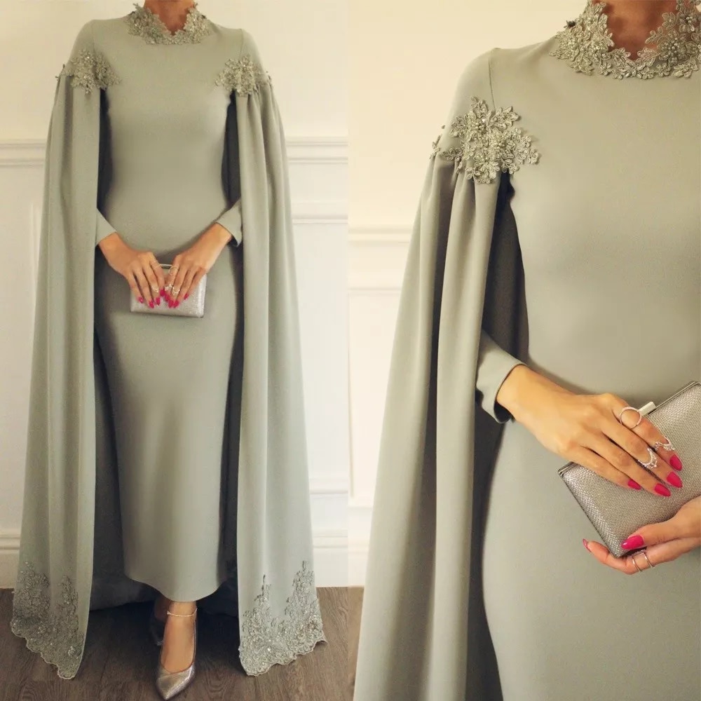 Arabic High Neck Satin Women Muslim Evening Dresses Prom Lace Beaded Elegant Long Sleeve Formal Evening Gown alx