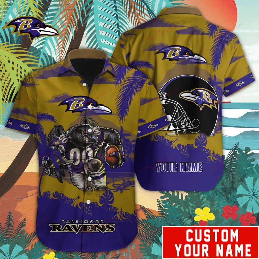 Baltimore Ravens Mascot Button Up Hawaiian Shirt Custom Name