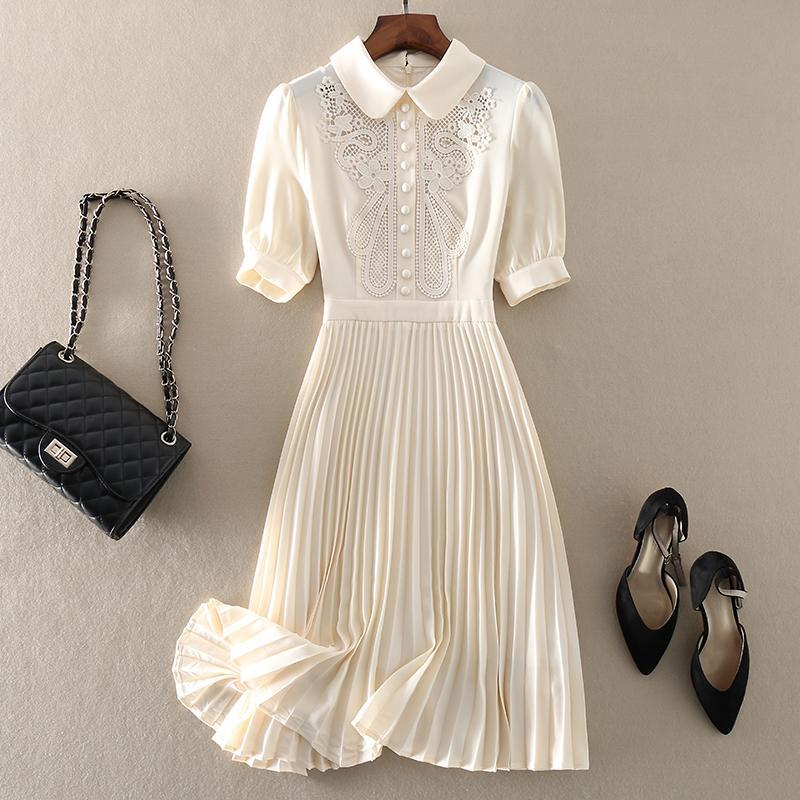 Vintage Embroidered Pleated Dress Women 2022 Summer Chic Sweet Short Sleeve Midi Party Dress Elegant Slim Waist A-Line Dresses alx